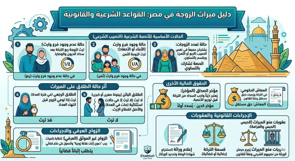 رسم بياني توضيحي يشرح قواعد ميراث الزوجة والتوزيع الشرعي والقانوني للتركة بعد وفاة الزوج مع أمثلة عملية
